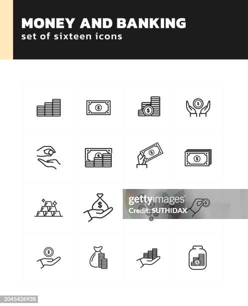 set of sixteen outline icons money and banking icons - 100 dollar bill wallpaper stock illustrations