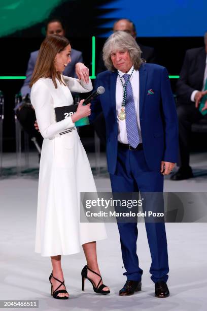 Eva González and José Mercé who receives the Favourite Sons of Andalucía Medal onstage at the "Golden Medals Of Andalucia" Ceremony 2024 at Teatro de...