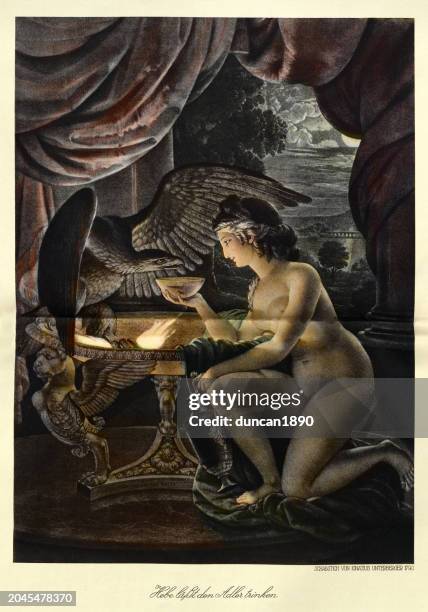 stockillustraties, clipart, cartoons en iconen met greek mythology, hebe, goddess of youth, feeds zues's eagle nectar - griekse godin