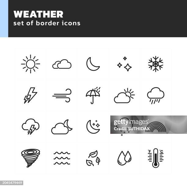 set of twenty outline icons weather icons - rainy season stock illustrations
