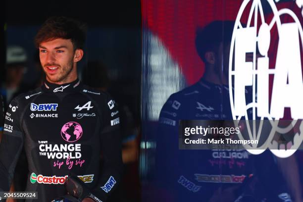 Pierre Gasly of France and Alpine F1 looks on in the Paddock during previews ahead of the F1 Grand Prix of Bahrain at Bahrain International Circuit...