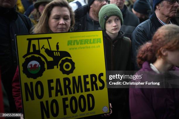 Protesters gather outside the Senedd on February 28, 2024 in Cardiff, Wales. Following peaceful demonstrations in Wrexham, Rhyl, Old Colwyn,...