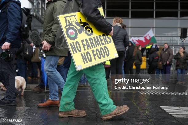 Protesters gather outside the Senedd on February 28, 2024 in Cardiff, Wales. Following peaceful demonstrations in Wrexham, Rhyl, Old Colwyn,...