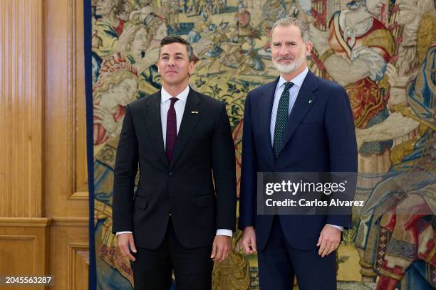 King Felipe VI of Spain receives President of Paraguay Santiago Peña Palacios at the Zarzuela Palace on February 28, 2024 in Madrid, Spain.
