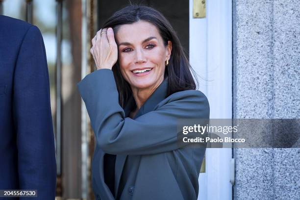 Queen Letizia of Spain receives the President of Paraguay Santiago Peña Palacios and his wife Leticia Ocampos at Zarzuela Palace on February 28, 2024...