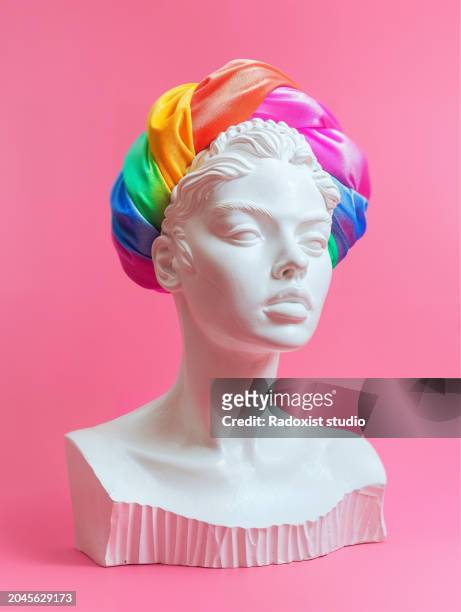 ancient marble plaster bust with rainbow hadband - bust museum stock-fotos und bilder