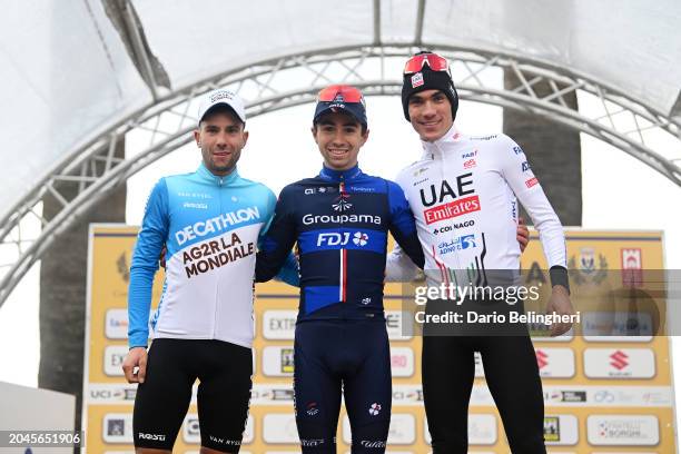 Andrea Vendrame of Italy and Team Decathlon-Ag2R La Mondiale on second place, race winner Lenny Martinez of France and Team Groupama-FDJ and Juan...