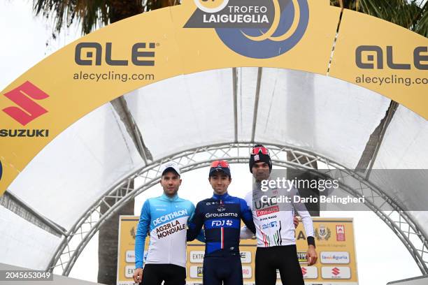 Andrea Vendrame of Italy and Team Decathlon-Ag2R La Mondiale on second place, race winner Lenny Martinez of France and Team Groupama-FDJ and Juan...