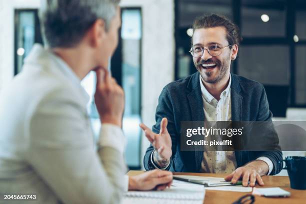 exciting business opportunity - sollicitatiegesprek stockfoto's en -beelden