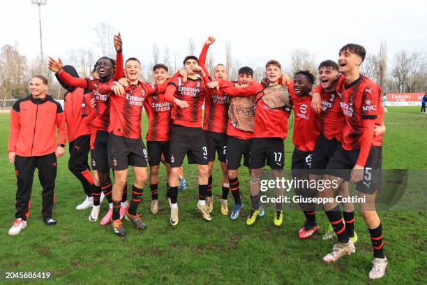 Players of AC Milan celebrates the win at end of the UEFA Youth League Round of 16 tie between AC Milan U19 and Braga U19 at Centro Sportivo Vismara...