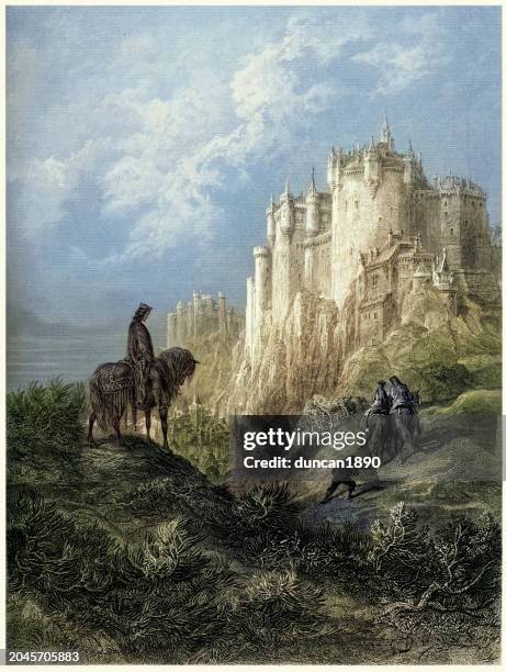 camelot, the journey edyrn, his lady to the court of king arthur at camalot, idylls of the king - painting of king arthur stock illustrations