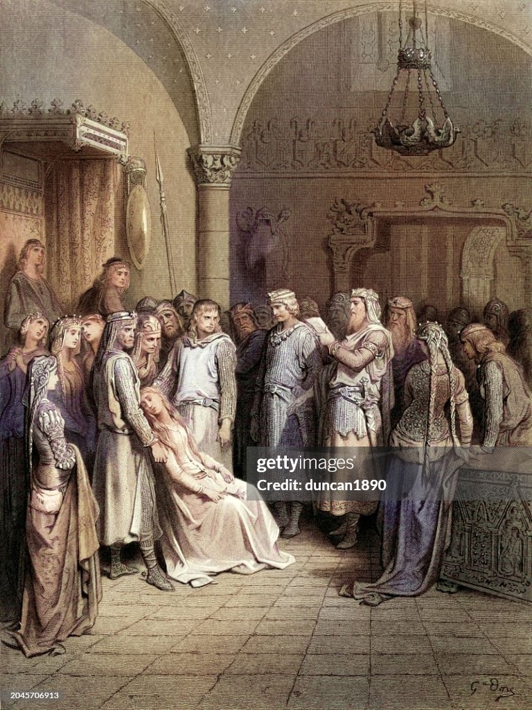 King Arthur reading the letter from Elaine, Idylls of the King, Alfred Tennyson