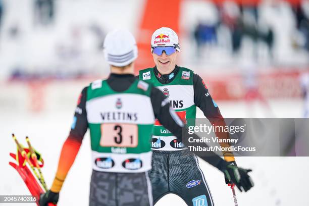 Vinzenz Geiger of Germany takes third place during the FIS World Cup Nordic Combined Men Lahti Team Sprint HS130/2x7.5km on March 2, 2024 in Lahti,...