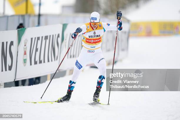 Joergen Graabak of Norway takes first place during the FIS World Cup Nordic Combined Men Lahti Team Sprint HS130/2x7.5km on March 2, 2024 in Lahti,...