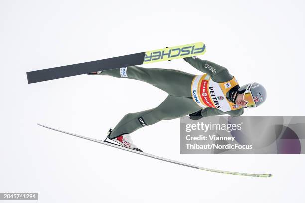 Joergen Graabak of Norway takes first place during the FIS World Cup Nordic Combined Men Lahti Team Sprint HS130/2x7.5km on March 2, 2024 in Lahti,...