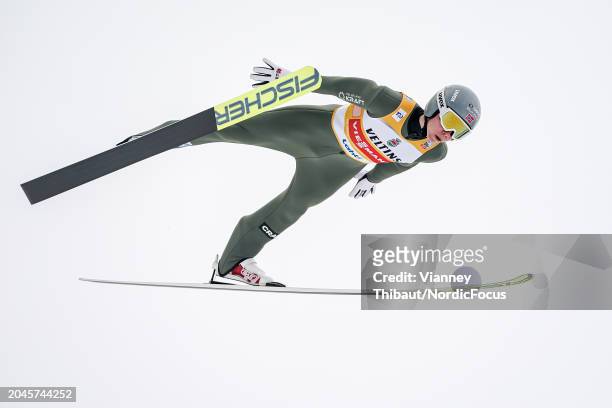 Jens Luraas Oftebro of Norway takes first place during the FIS World Cup Nordic Combined Men Lahti Team Sprint HS130/2x7.5km on March 2, 2024 in...
