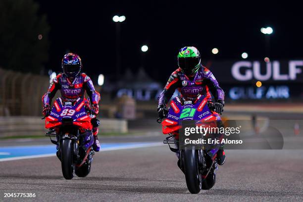 Jorge Martin of Spain, Moto GP and Pramac Racing and Franco Morbidelli of Italy and Prima Pramac Racing ride the his new bike during previews ahead...