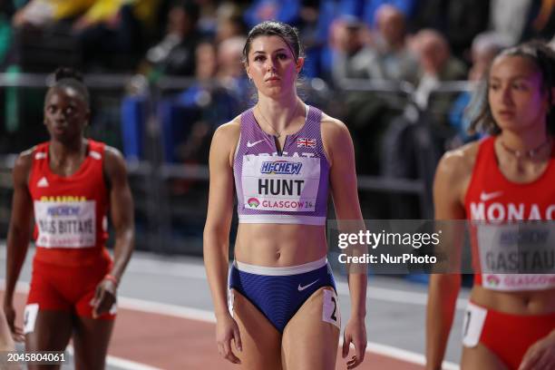 Amy Hunt from Great Britain is preparing for her heat in the 60 meters event at the 2024 World Athletics Championships at the Emirates Arena in...