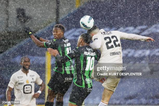 Cercle's Alan Minda, Cercle's Felipe Augusto and Mechelen's Elias Cobbaut go for a header during the Jupiler Pro League soccer match between Cercle...