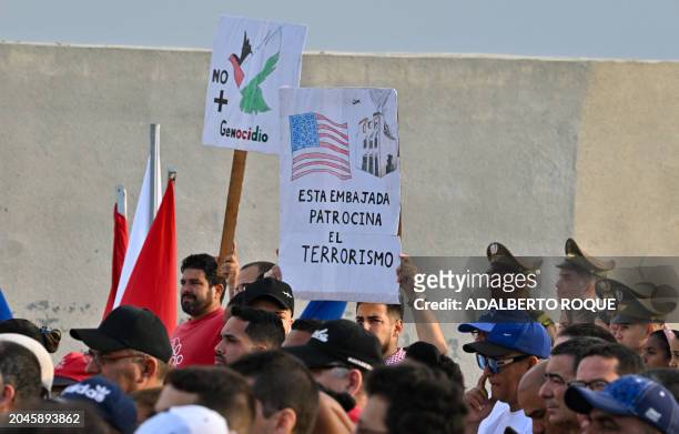 People take part in a demonstration in support of the Palestinian people outside the US Embassy in Havana, on March 2, 2024.