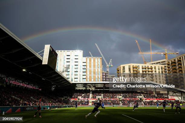 Rainbow forms over the Brentford Community Stadium during the Premier League match between Brentford FC and Chelsea FC at Brentford Community Stadium...