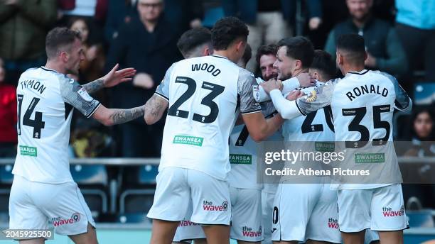 Joe Allen of Swansea City celebrates his goal with team mates during the Sky Bet Championship match between Swansea City and Blackburn Rovers at the...