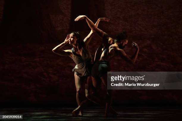 Dancers of the Ballet du Grand Théâtre de Genève perform on stage during a dress rehearsal of "Faun" Ballet directed by Sidi Larbi Cherkaoui at Gran...