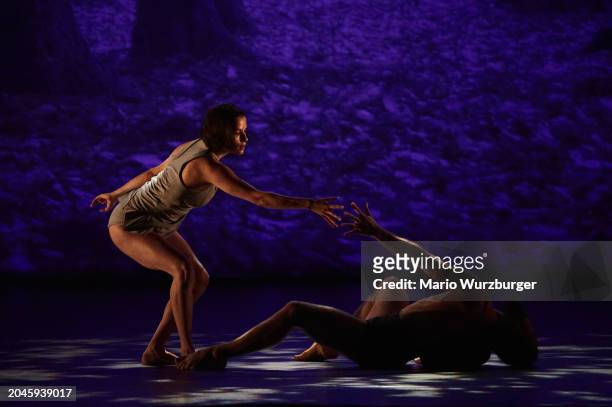 Dancers of the Ballet du Grand Théâtre de Genève perform on stage during a dress rehearsal of "Faun" Ballet directed by Sidi Larbi Cherkaoui at Gran...
