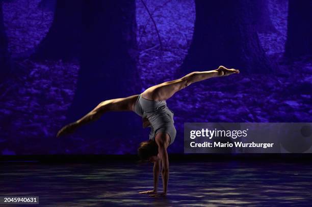 Dancer of the Ballet du Grand Théâtre de Genève performs on stage during a dress rehearsal of "Faun" Ballet directed by Sidi Larbi Cherkaoui at Gran...
