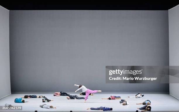 Dancers of the Ballet du Grand Théâtre de Genève perform on stage during a rehearsal of "Noetic" Ballet directed by Sidi Larbi Cherkaoui at Gran...