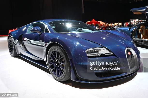 Blue 2012 Bugatti Veyron 16.4 Super Sport Hypercar is displayed in the Supercar Avenue, Adrenaline Zone exhibition during the Geneva Motor Show 2024...