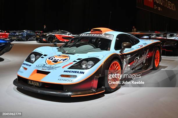 McLaren F1 GTR Longtail Gulf Team Davidoff is displayed in the Supercar Avenue, Adrenaline Zone exhibition during the Geneva Motor Show 2024 at...