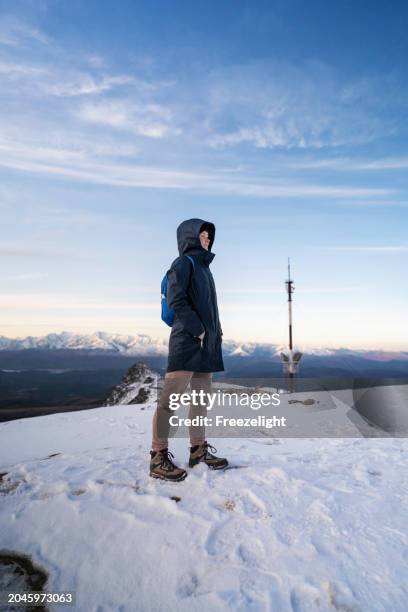 altai. young woman near aktash repeater antenna - repeater stock pictures, royalty-free photos & images