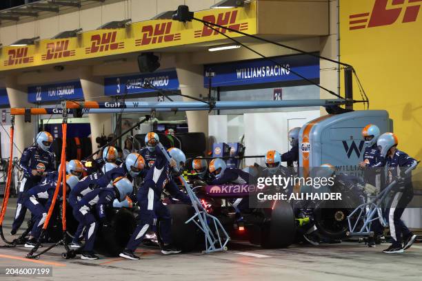 Williams' US driver Logan Sargeant makes a pit stop during the Bahrain Formula One Grand Prix at the Bahrain International Circuit in Sakhir on March...