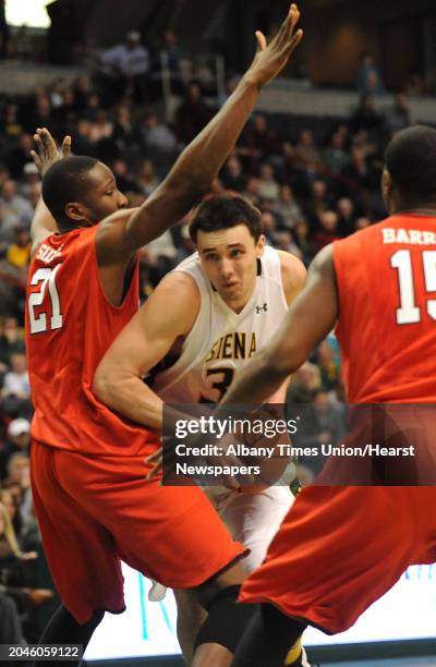 Siena's Brett Bisping drives to the basket during a basketball game against Fairfield at the Times Union Center Monday, Feb. 10, 2014 in Albany, N.Y.
