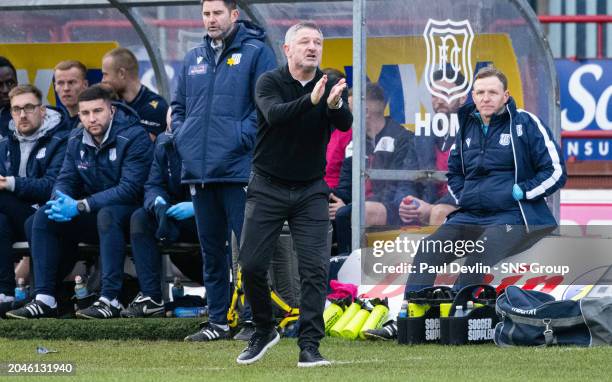 Dundee Manager Tony Docherty during a cinch Premiership match between Dundee and Kilmarnock at the Scot Foam Stadium at Dens Park, on March 02 in...