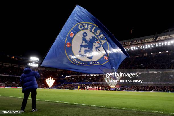 Chelsea flag is waved prior to the Emirates FA Cup Fifth Round match between Chelsea and Leeds United at Stamford Bridge on February 28, 2024 in...