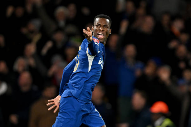 Nicolas Jackson of Chelsea celebrates scoring his team's first goal during the Emirates FA Cup Fifth Round match between Chelsea and Leeds United at...