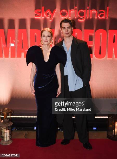 Julianne Moore and Nicholas Galitzine attend the UK premiere of Sky Original series "Mary and George" at Banqueting House on February 28, 2024 in...