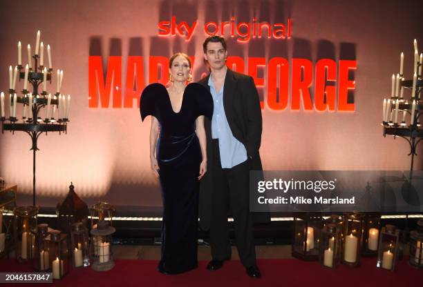 Julianne Moore and Nicholas Galitzine attend the UK premiere of Sky Original series "Mary and George" at Banqueting House on February 28, 2024 in...