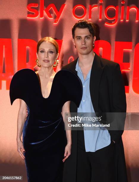 Julianne Moore and Nicholas Galitzine attend the UK premiere of Sky Original series "Mary and George" at Banqueting House on February 28, 2024 in...