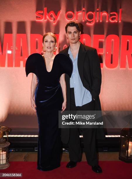 Julianne Moore and Nicholas Galitzine attend the UK premiere of Sky Original series "Mary and George" at Banqueting House on February 28, 2024 in...