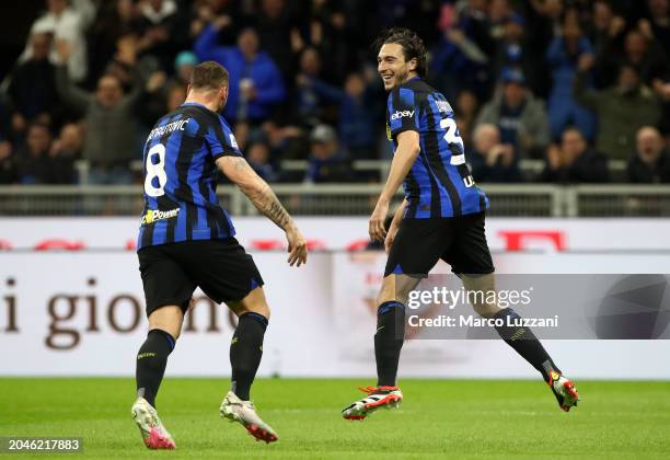 Matteo Darmian of FC Internazionale celebrates scoring his team's first goal with teammate Marko Arnautovic during the Serie A TIM match between FC...