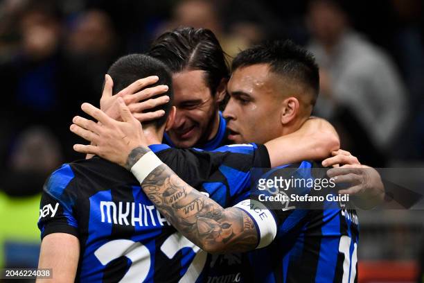 Henrix Mxit Aryan of Internazionale FC, Matteo Darmian of Internazionale FC and Lautaro Martinez of Internazionale FC celebrates a goal during the...