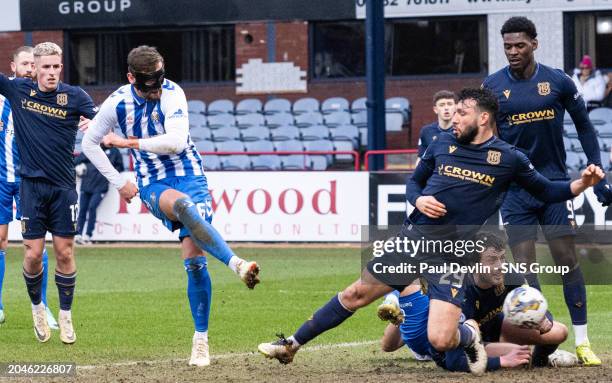 Kilmarnock's Robbie Deas scores to make it 2-2 during a cinch Premiership match between Dundee and Kilmarnock at the Scot Foam Stadium at Dens Park,...