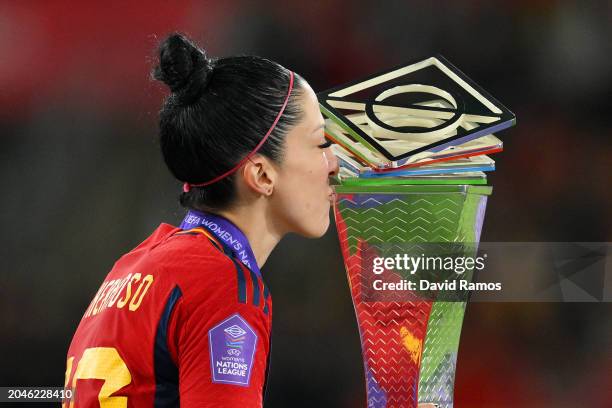 Jennifer Hermoso of Spain kisses the UEFA Women's Nations League trophy after victory during the UEFA Women's Nations League 2024 Final match between...