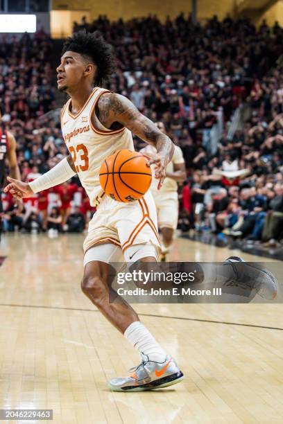 Dillon Mitchell of the Texas Longhorns handles the ball during the first half of the game against the Texas Tech Red Raiders at United Supermarkets...