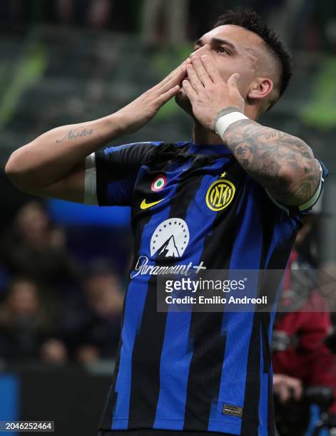 Lautaro Martinez of FC Internazionale celebrates after scoring the team's second goal during the Serie A TIM match between FC Internazionale and...