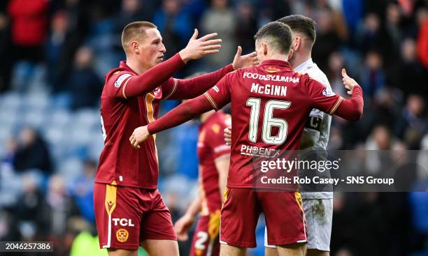 Motherwell's Dan Casey, John McGinn and Liam Kelly at full time during a cinch Premiership match between Rangers and Motherwell at Ibrox Stadium, on...
