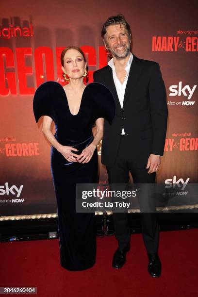 Julianne Moore and Bart Freundlich attend the "Mary and George" UK Premiere at Banqueting House on February 28, 2024 in London, England.